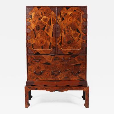 Rare Japanese Marquetry Cabinet with Drawers on Stand