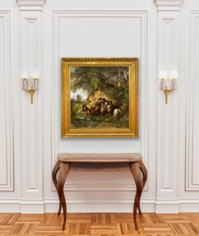 Rare Landscape Painting of Shepherds and Injured Lamb by Hermann Corrodi