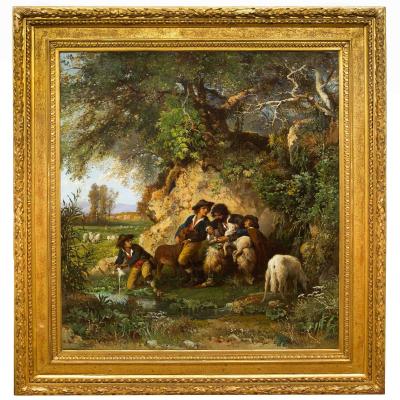 Rare Landscape Painting of Shepherds and Injured Lamb by Hermann Corrodi