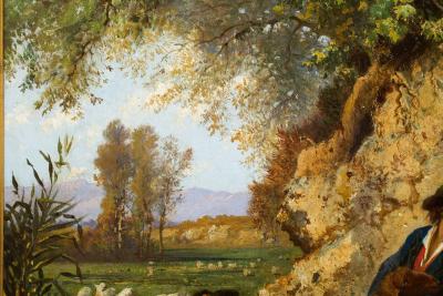 Rare Landscape Painting of Shepherds and Injured Lamb by Hermann Corrodi