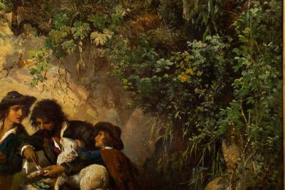 Rare Landscape Painting of Shepherds and Injured Lamb by Hermann Corrodi