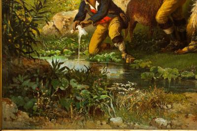 Rare Landscape Painting of Shepherds and Injured Lamb by Hermann Corrodi