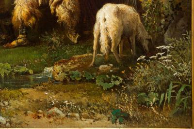 Rare Landscape Painting of Shepherds and Injured Lamb by Hermann Corrodi