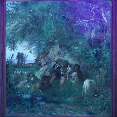 Rare Landscape Painting of Shepherds and Injured Lamb by Hermann Corrodi