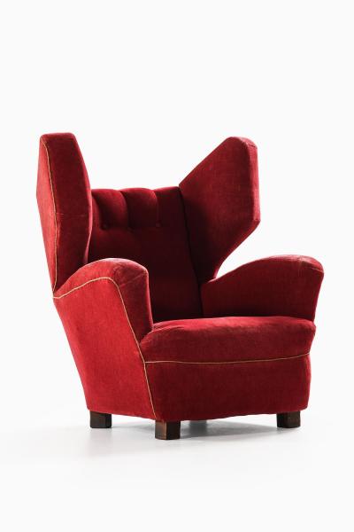 Rare Large Wingback Easy Chair in Fabric and Oak 1930s