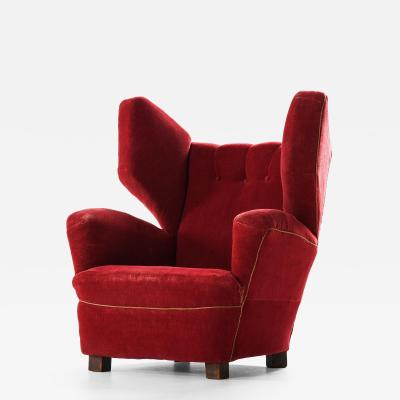 Rare Large Wingback Easy Chair in Fabric and Oak 1930s