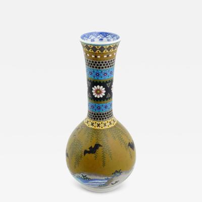 Rare Meiji Japanese Cloisonne Enamel On Porcelain Bats Vase Signed