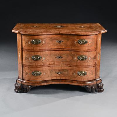 Rare Mid 18th Century German Walnut Pewter Ivory Marquetry Serpentine Commode