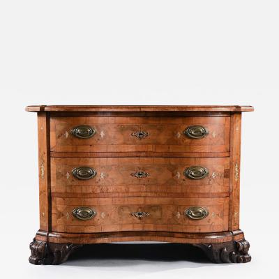 Rare Mid 18th Century German Walnut Pewter Ivory Marquetry Serpentine Commode