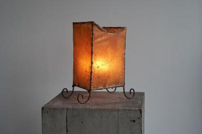 Rare Mid Century Table Lamp in Goatskin and Wrought Iron 1950s