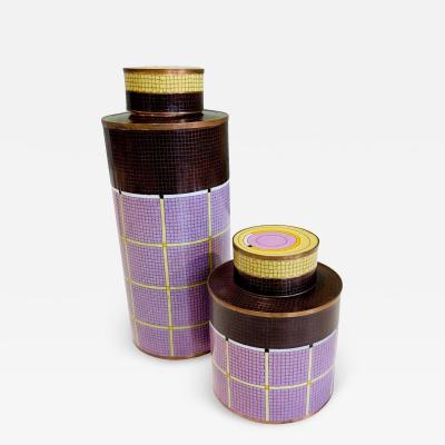 Rare Pair Fabiennen Jouvin Geometric Cloisonne Ginger Jars France 1970