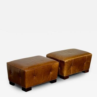 Rare Pair French Art Deco Style Leather Ottomans Low Stools Distressed