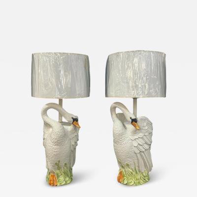 Rare Pair Italian Porcelain Swan Lamps