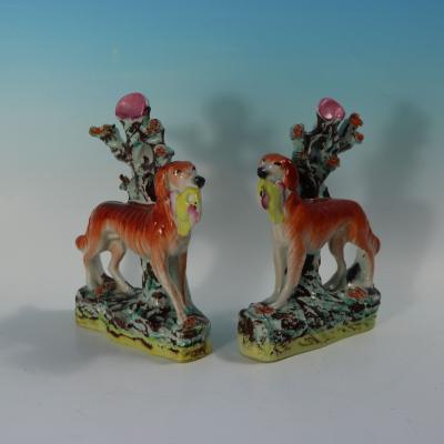 Rare Pair Staffordshire Pottery Hunting Dogs