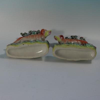 Rare Pair Staffordshire Pottery Hunting Dogs