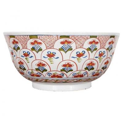 Rare Pair of 18th c English Delft Polychrome Punch Bowls