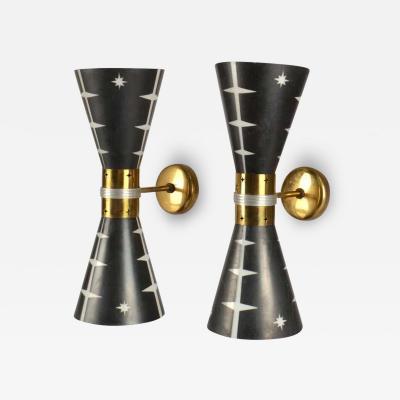 Rare Pair of 1950 s Hourglass Wall Lights in Black and White Glass