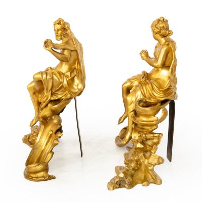 Rare Pair of French Antique Bronze Fireplace Chenets Vulcan and Venus 