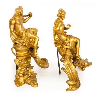 Rare Pair of French Antique Bronze Fireplace Chenets Vulcan and Venus 