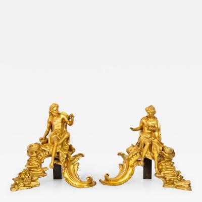 Rare Pair of French Antique Bronze Fireplace Chenets Vulcan and Venus 