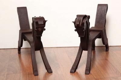 Rare Pair of Horse shaped Wrought Iron Andirons