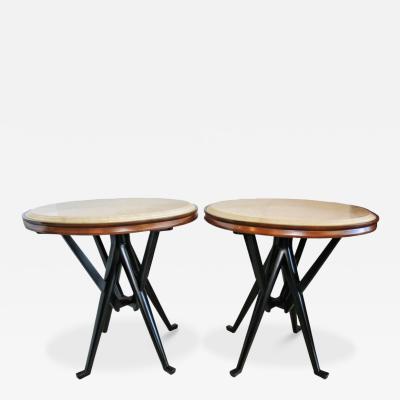 Rare Pair of Italian Modern Walnut Ebonized and Marble Tables Cassina