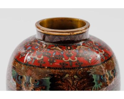 Rare Pair of Meiji Period Japanese Cloisonne Enamel Vases Red Ground Dragon 3