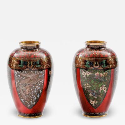 Rare Pair of Meiji Period Japanese Cloisonne Enamel Vases Red Ground Dragon 3
