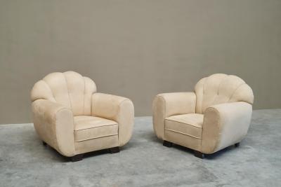 Rare Pair of Monumental Art Deco Lounge Chairs in Alcantara 1930s