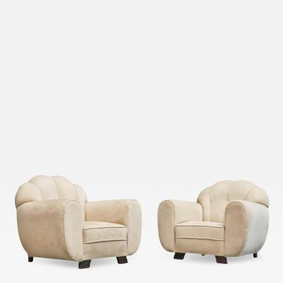Rare Pair of Monumental Art Deco Lounge Chairs in Alcantara 1930s