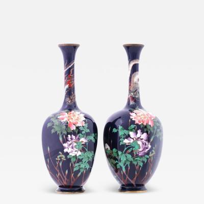 Rare Pair of Octagon Shaped Japanese Cloisonn Dragon and Flower Vases