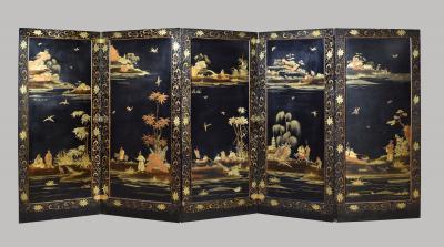 Rare Regency Black Japanned Five Panel Screen c 1810