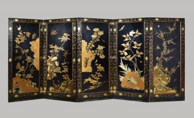 Rare Regency Black Japanned Five Panel Screen c 1810