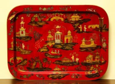 Rare Scarlet Papier Mache Rectangular Dished Tray