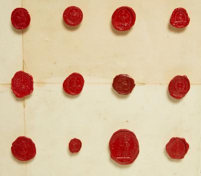 Rare Set of 4 Framed Collections of Early Wax Seals