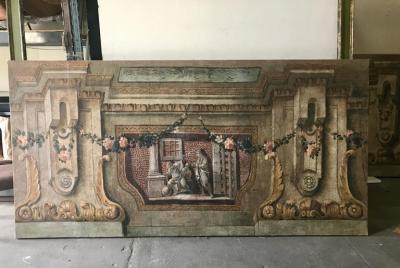 Rare Set of Four Italian 18th Century Panels Gouache on Canvas