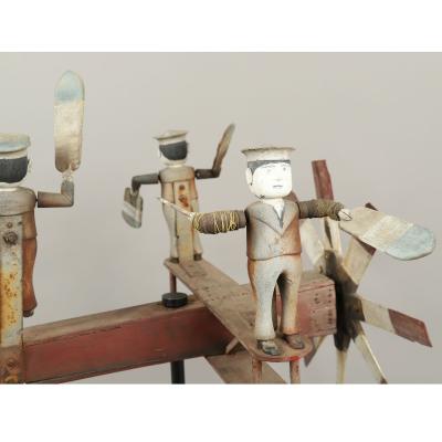 Rare and Unique Airplane Whirligig with Three Sailor Figures