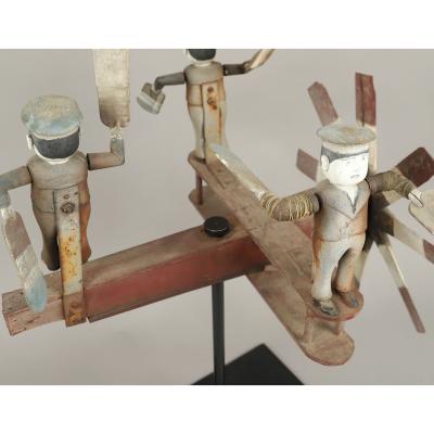 Rare and Unique Airplane Whirligig with Three Sailor Figures