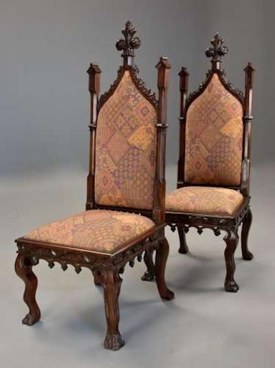 Rare pair of Channel Islands 19thc rosewood Gothic Revival hall chairs