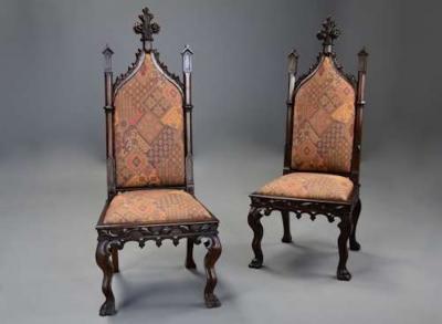 Rare pair of Channel Islands 19thc rosewood Gothic Revival hall chairs