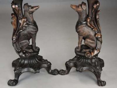 Rare pair of finely carved Black Forest hound side tables