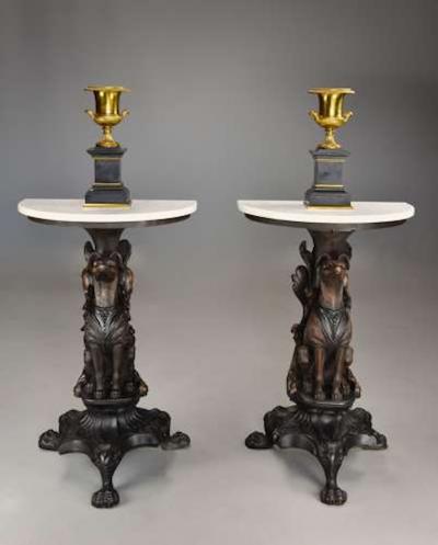 Rare pair of finely carved Black Forest hound side tables