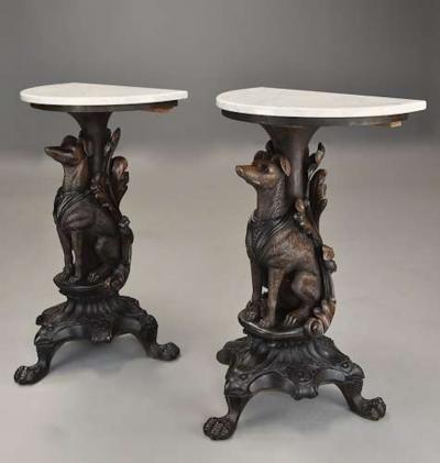 Rare pair of finely carved Black Forest hound side tables