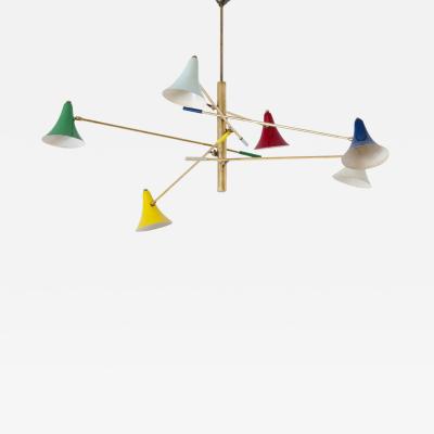 Rare suspension lamp with six adjustable brass arms and painted metal diffusers