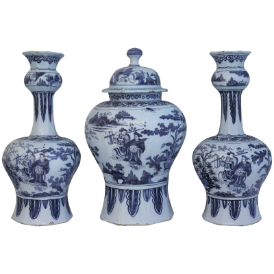 Rare17th century 3 piece set of Delft vases garniture 