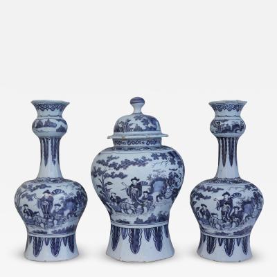 Rare17th century 3 piece set of Delft vases garniture 