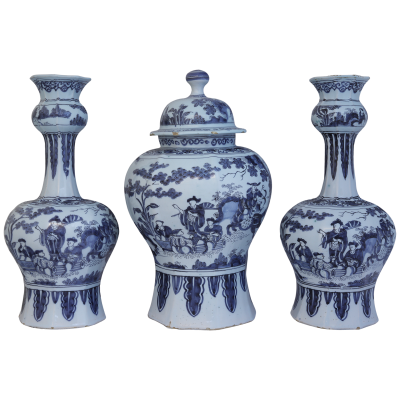 Rare17th century 3 piece set of Delft vases garniture 