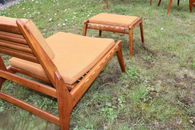 Rarest complete teak hunting chairs and ottoman set in vintage condition