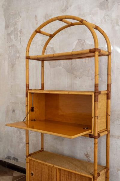 Rattan Bookcase with Drop Down Desk 1950s