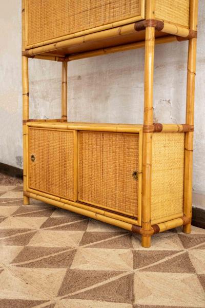 Rattan Bookcase with Drop Down Desk 1950s